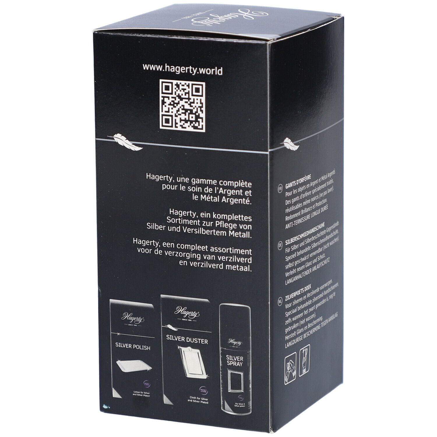 Côté de la boîte noire avec texte et illustrations de produits connexes. Logo "Hagerty" et code QR.