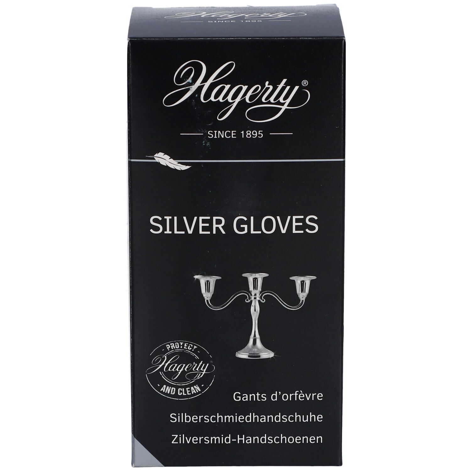 Boîte noire avec logo "Hagerty" et texte "SILVER GLOVES". Illustration d'un chandelier. Texte multilingue.