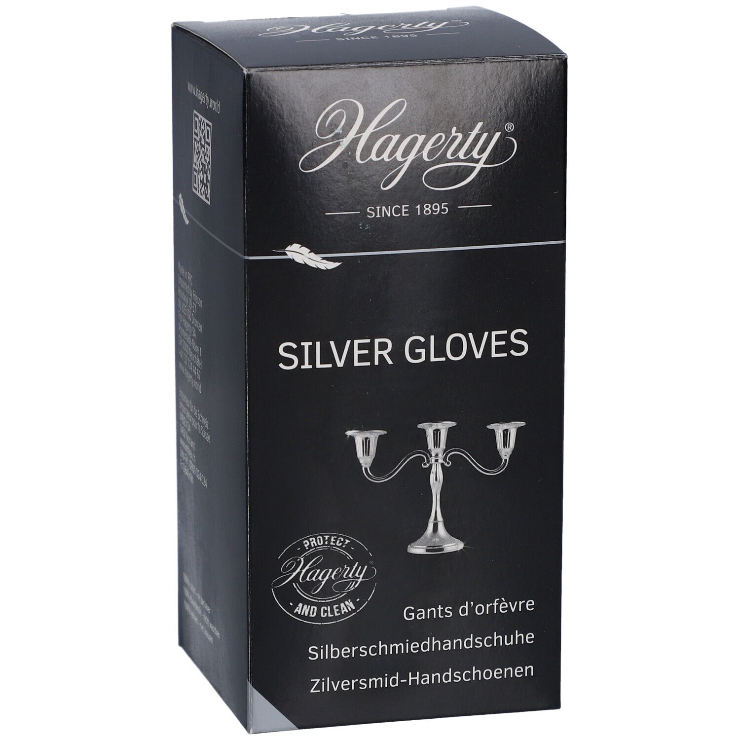 Boîte noire avec logo "Hagerty" et texte "SILVER GLOVES". Illustration d'un chandelier. Texte multilingue.