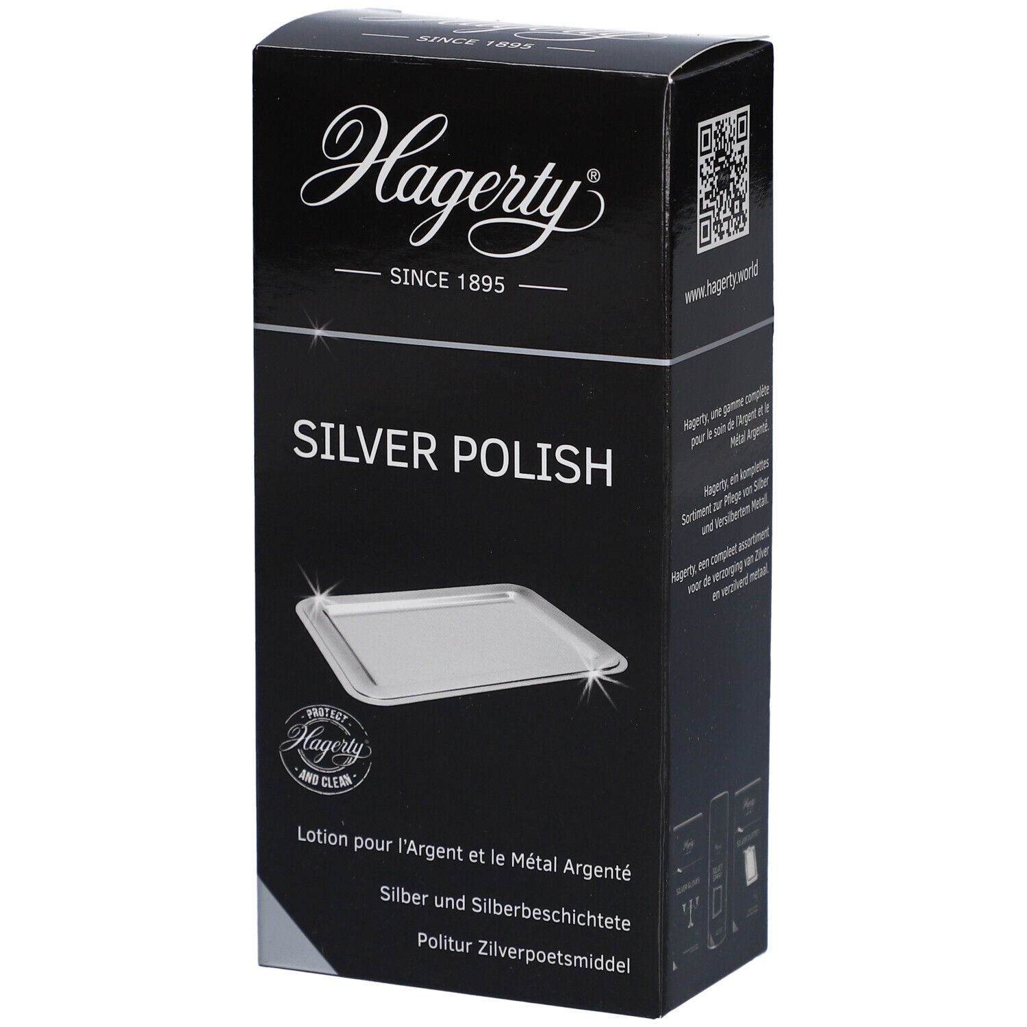 Boîte noire Hagerty® Silver Polish. Logo et texte "SILVER POLISH". Image du produit sur l'emballage.