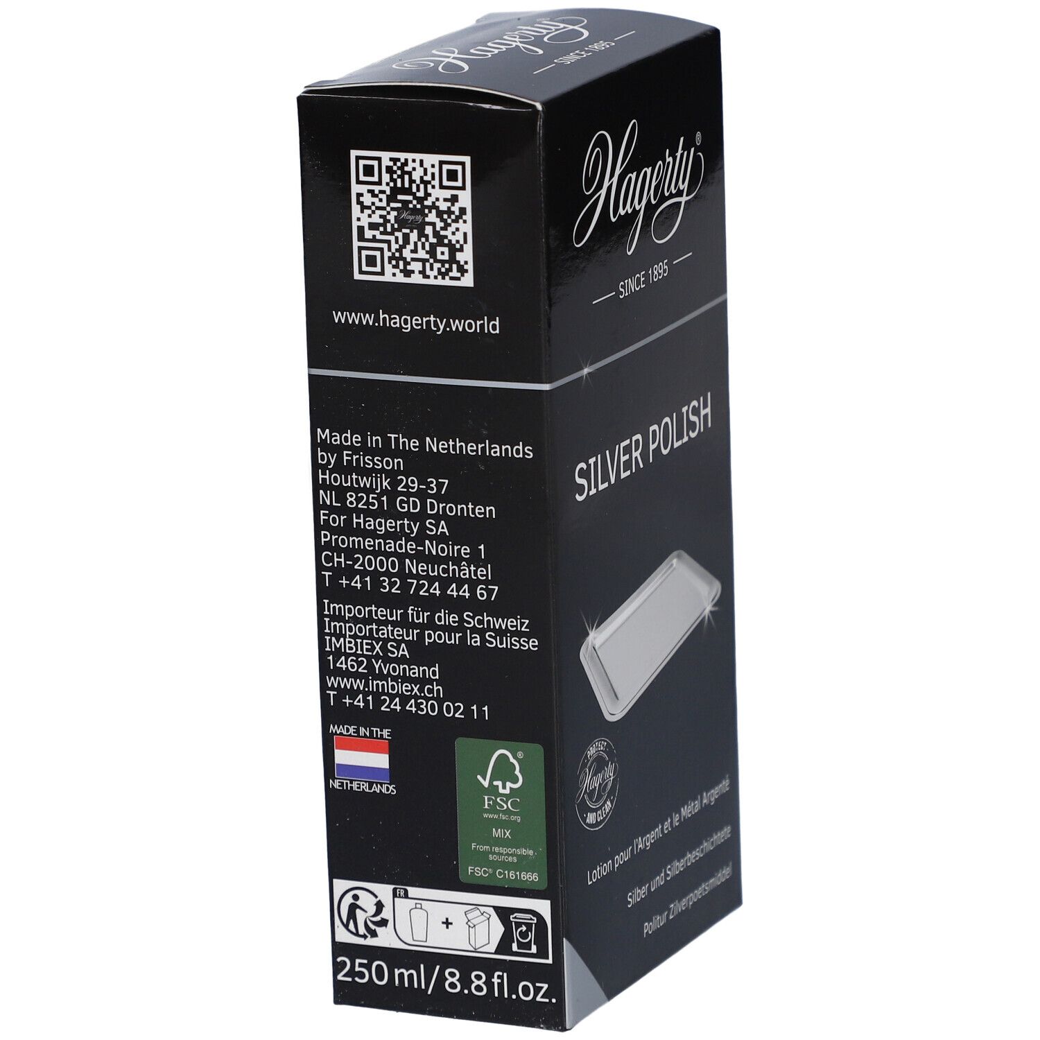 Boîte noire Hagerty® Silver Polish. Texte "SILVER POLISH". Code QR et informations de contact. Fabriqué aux Pays-Bas.