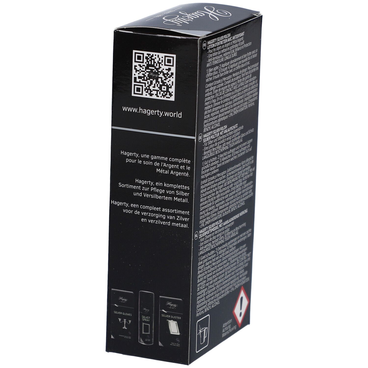 Boîte noire Hagerty®. Texte sur la gamme de produits. Code QR et informations de contact.