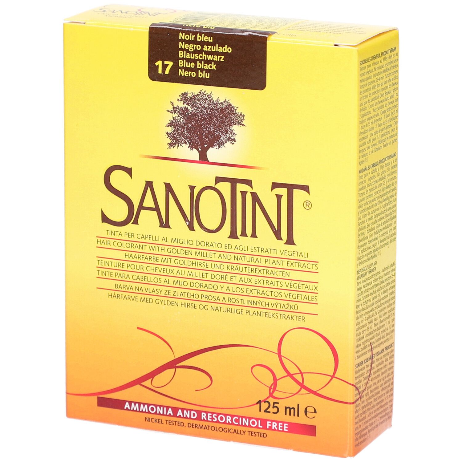 Boîte jaune SANOTINT. Texte multilingue. Numéro de couleur 17 sur l'étiquette.