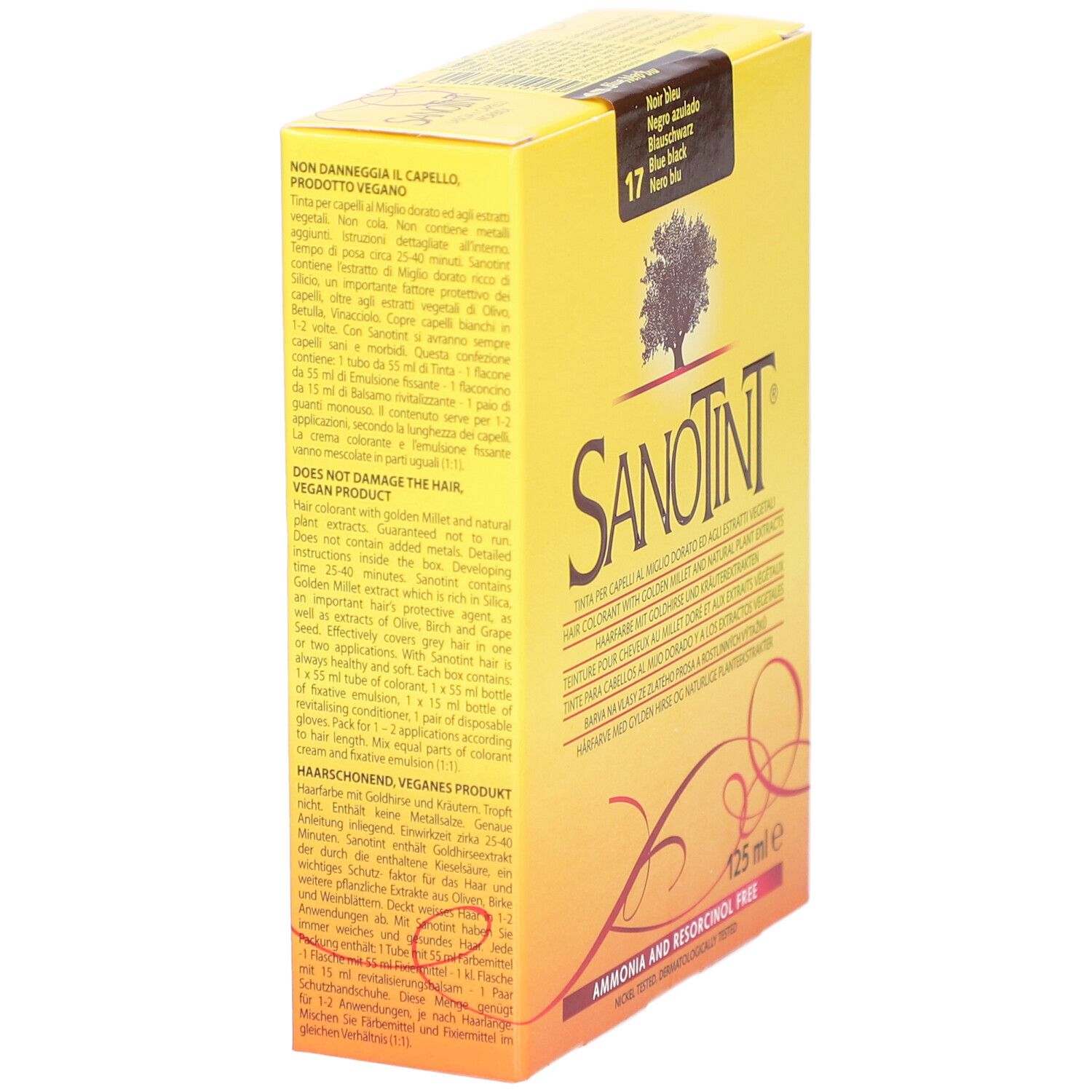 Boîte jaune SANOTINT. Dos avec texte multilingue. Numéro de couleur 17 sur l'étiquette.