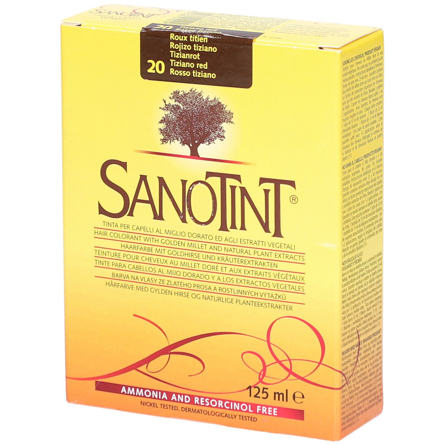 Boîte jaune avec nom de produit et numéro de couleur. Texte multilingue. "Ammonia and Resorcinol Free".