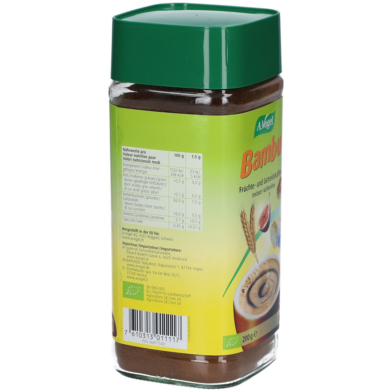 Arrière du café instantané A. Vogel Bambu avec informations nutritionnelles et label bio.