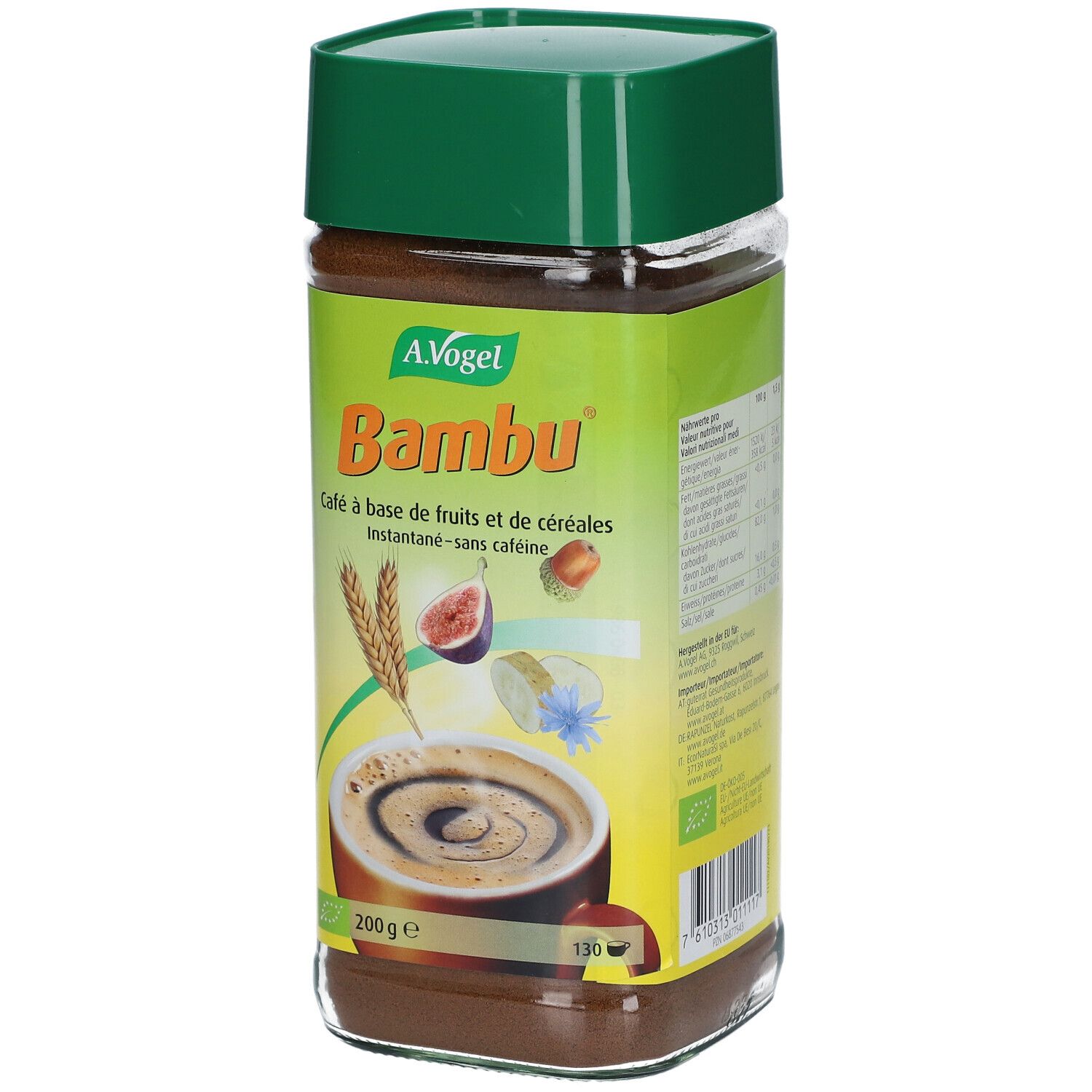 Café instantané A. Vogel Bambu, sans caféine, dans un bocal en verre avec un couvercle vert.