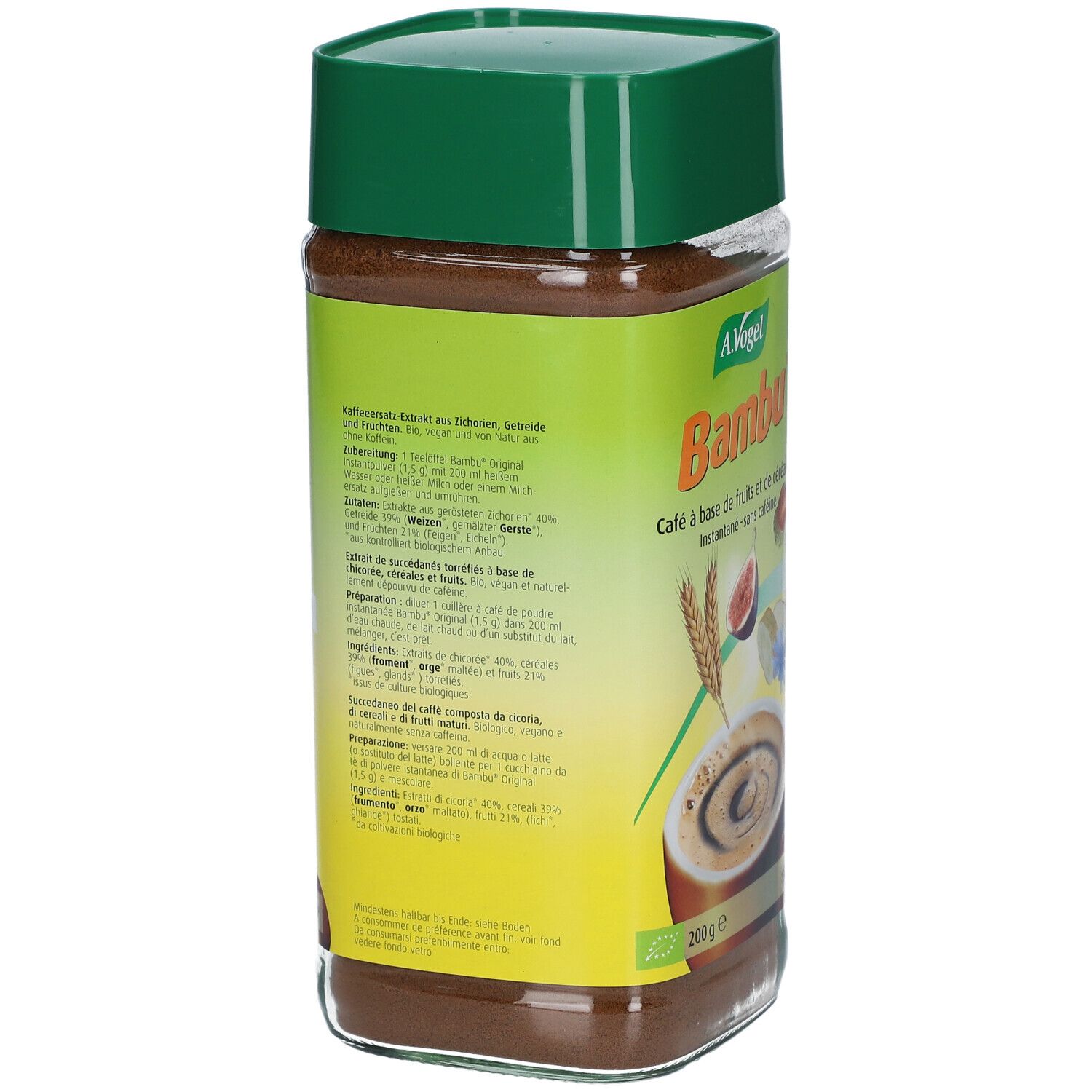Café A. Vogel Bambu à base de fruits et céréales, sans caféine. Bocal en verre avec couvercle vert.
