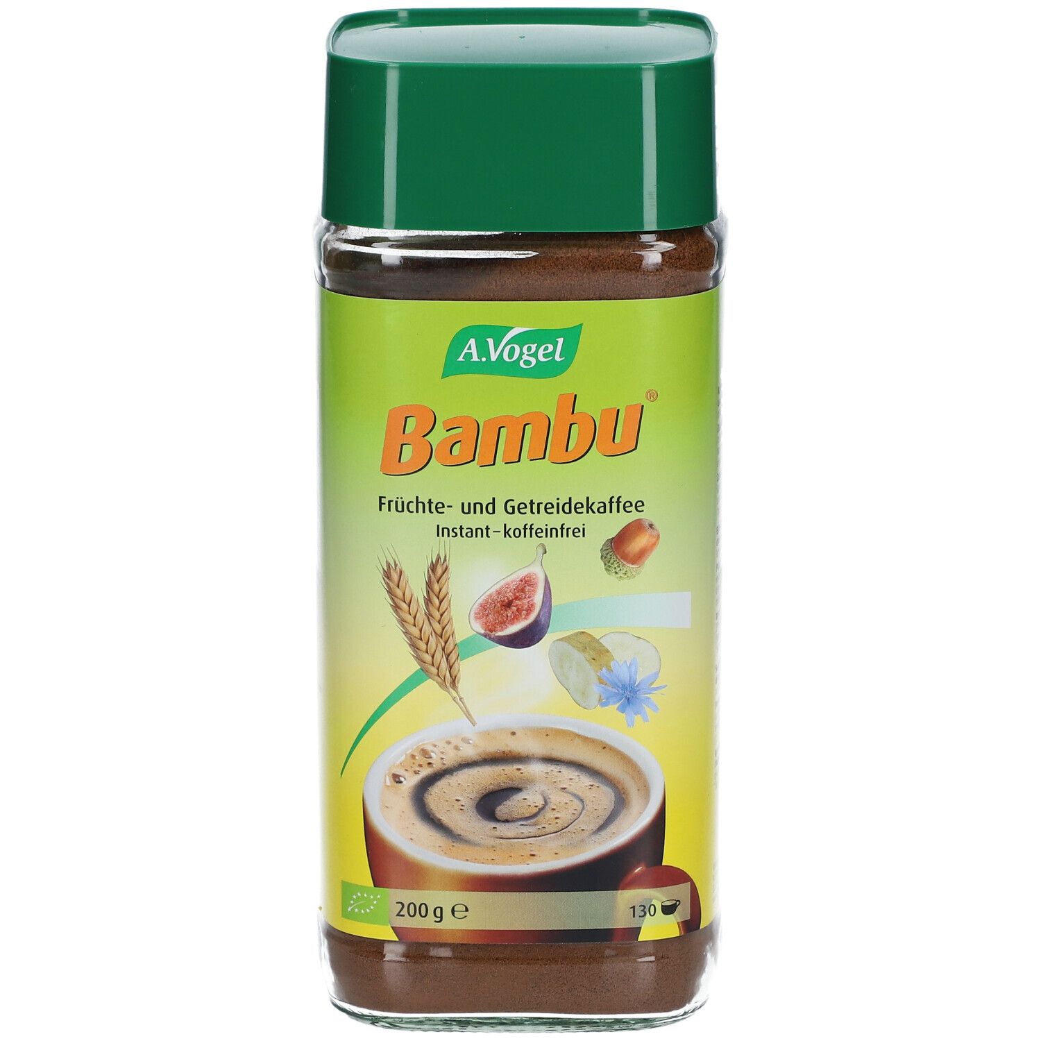 Café instantané A. Vogel Bambu, 200g, dans un bocal en verre avec un couvercle vert.