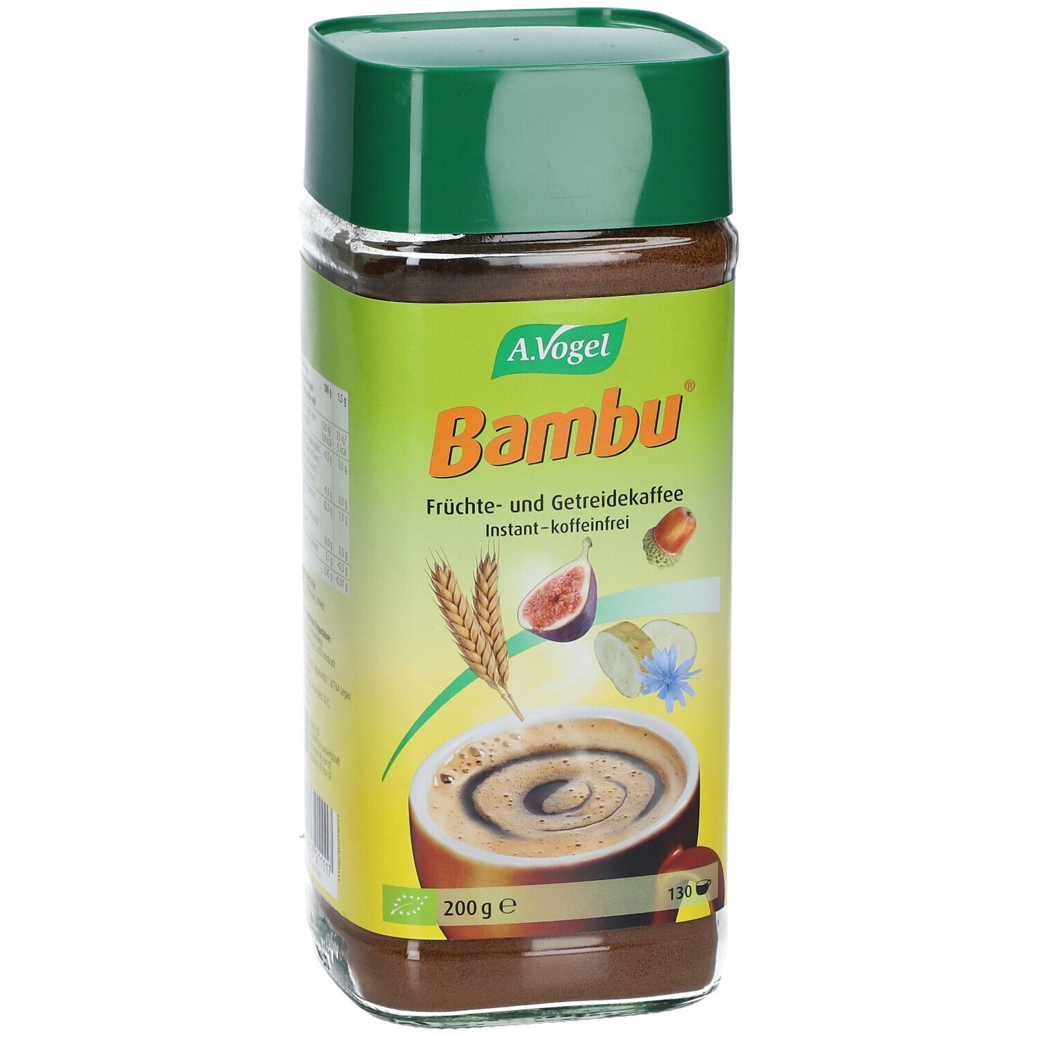 Café instantané A. Vogel Bambu, 200g, sans caféine. Bocal en verre avec couvercle vert.