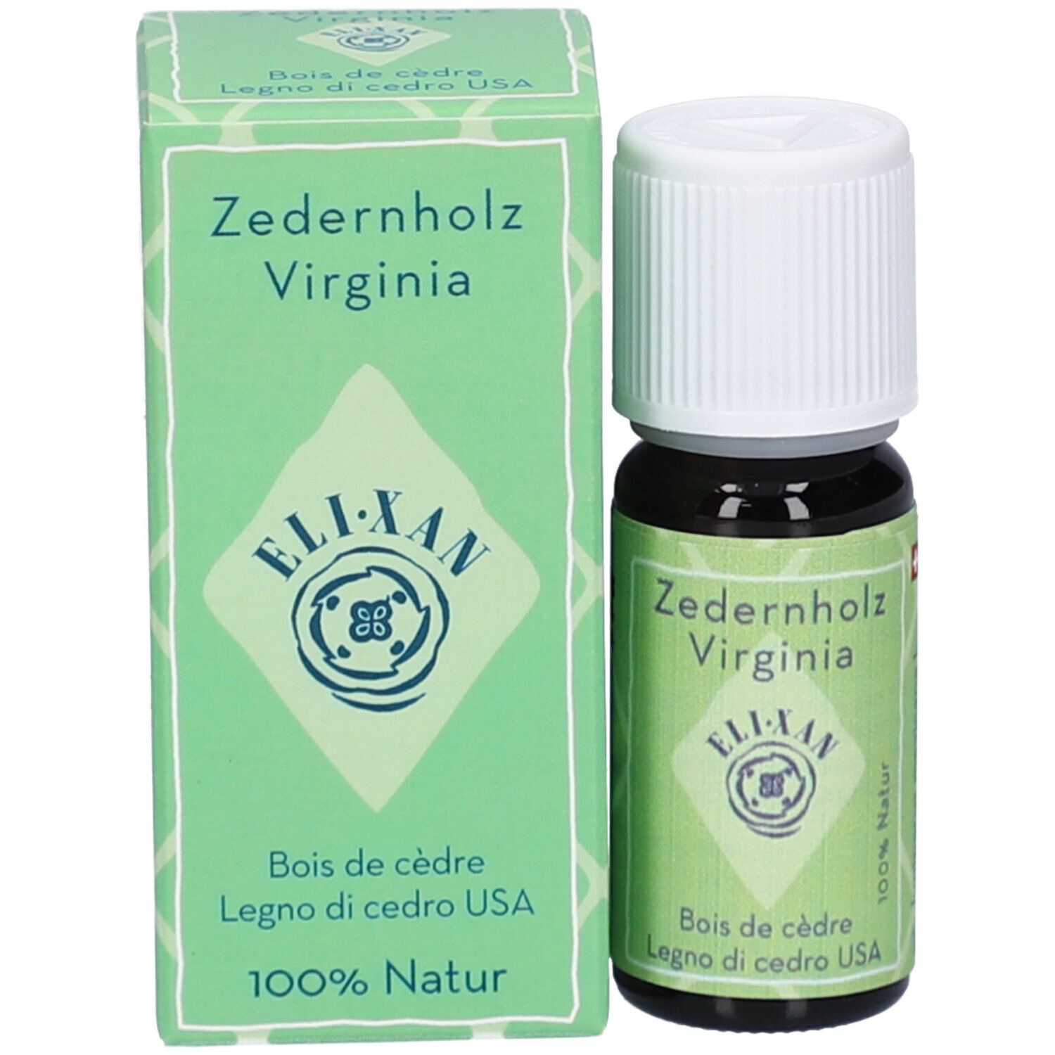 Huile essentielle Eli-Xan Bois de cèdre Virginia, 100% Naturel. Flacon en verre foncé avec bouchon à vis blanc et boîte pliante.