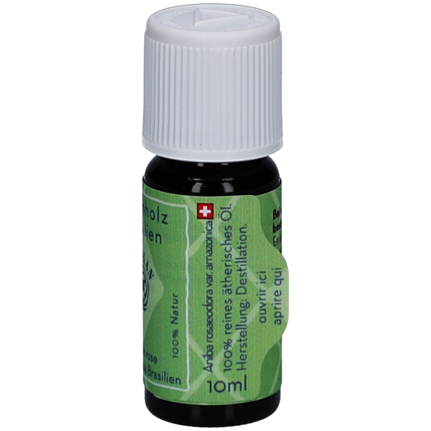 Flacon en verre brun avec bouchon blanc. Étiquette avec informations produit, croix suisse et indication 10ml.