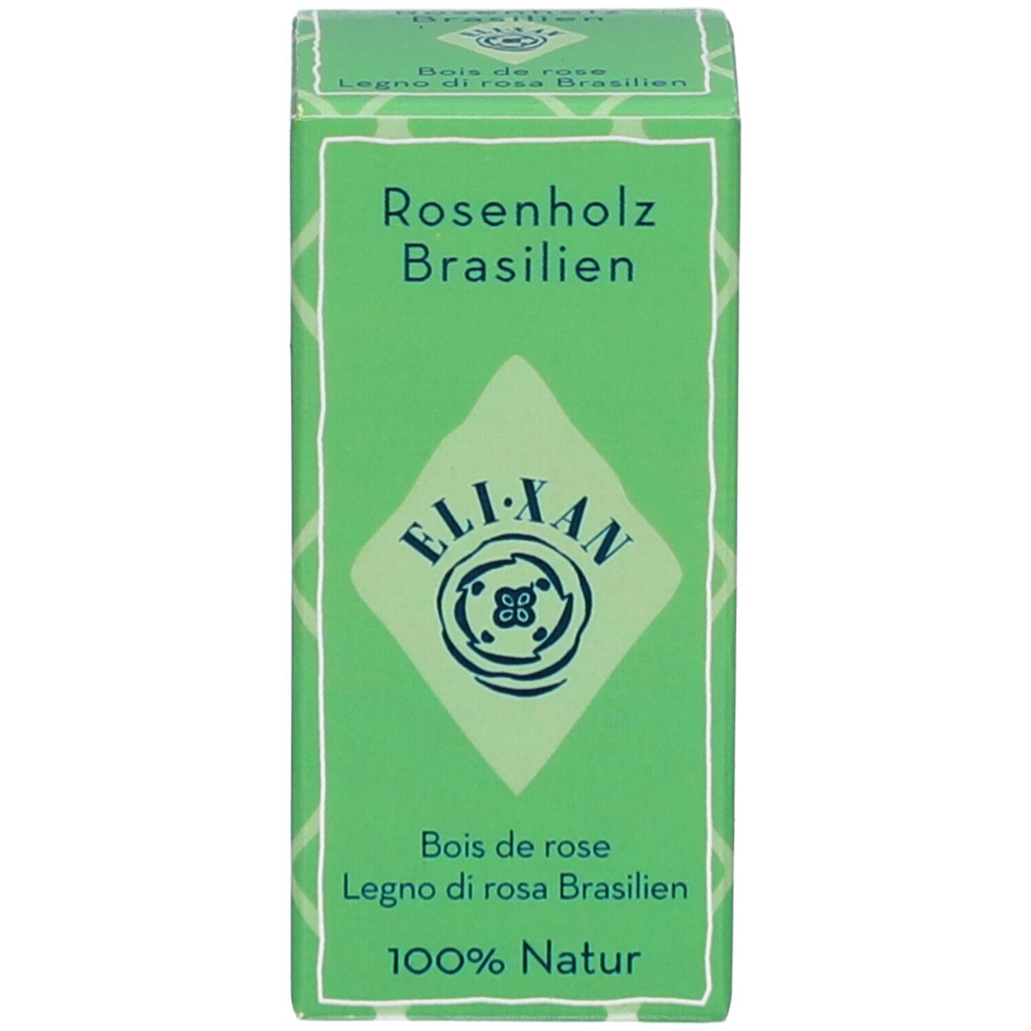Emballage carton avec nom du produit, logo et texte en allemand, français et italien. Vert et blanc.