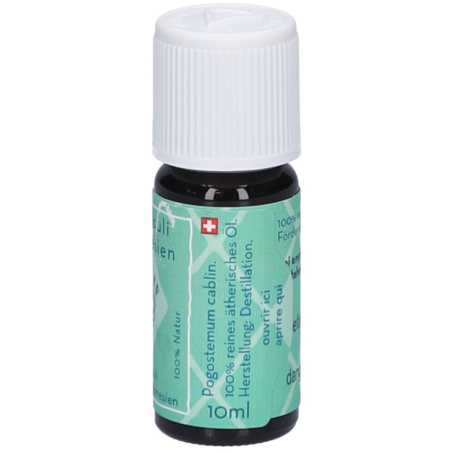 Flacon en verre brun avec bouchon blanc. Étiquette avec informations produit et indication 10ml.