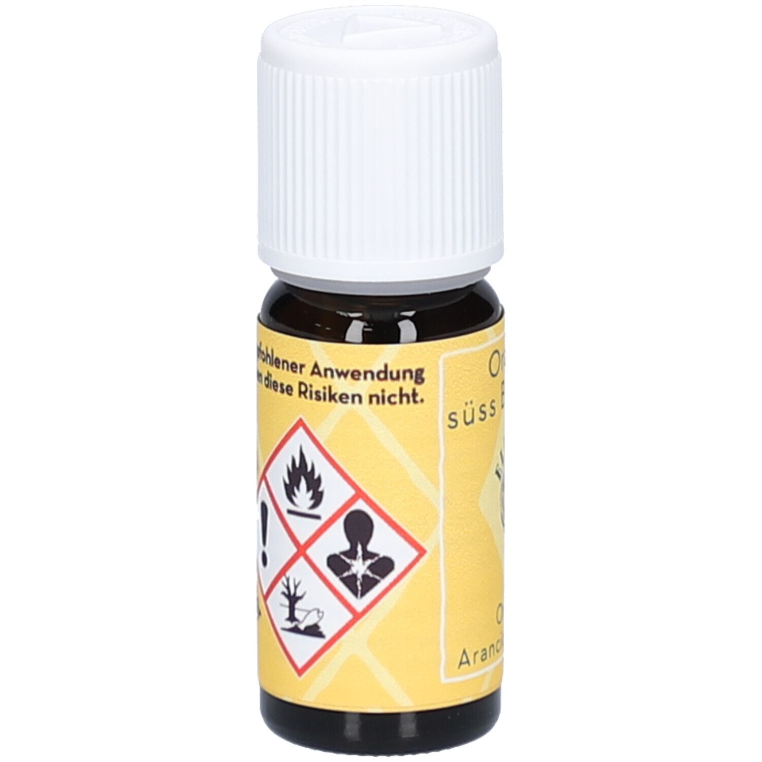 Flacon en verre brun avec bouchon blanc. Étiquette jaune avec symboles de danger: flamme, point d'exclamation, danger pour la santé, arbre.