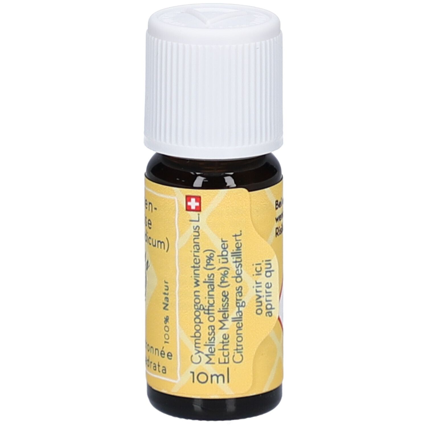 Flacon en verre brun avec bouchon blanc. Étiquette jaune avec texte: Mélisse citronnée, 10ml, ELIXAN, 100% Natur.