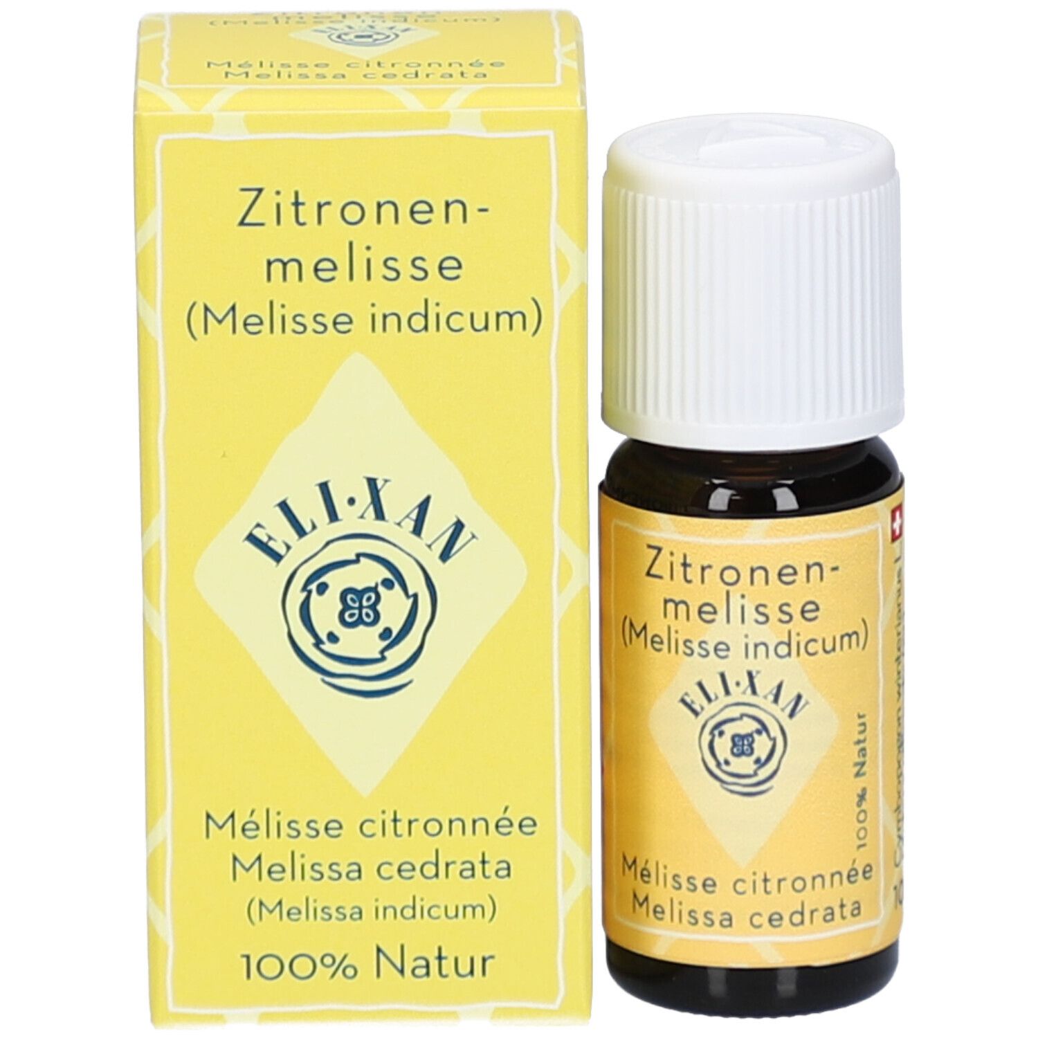 Flacon en verre brun et boîte jaune. Sur la boîte: Mélisse citronnée, ELIXAN, Melissa cedrata, 100% Natur.