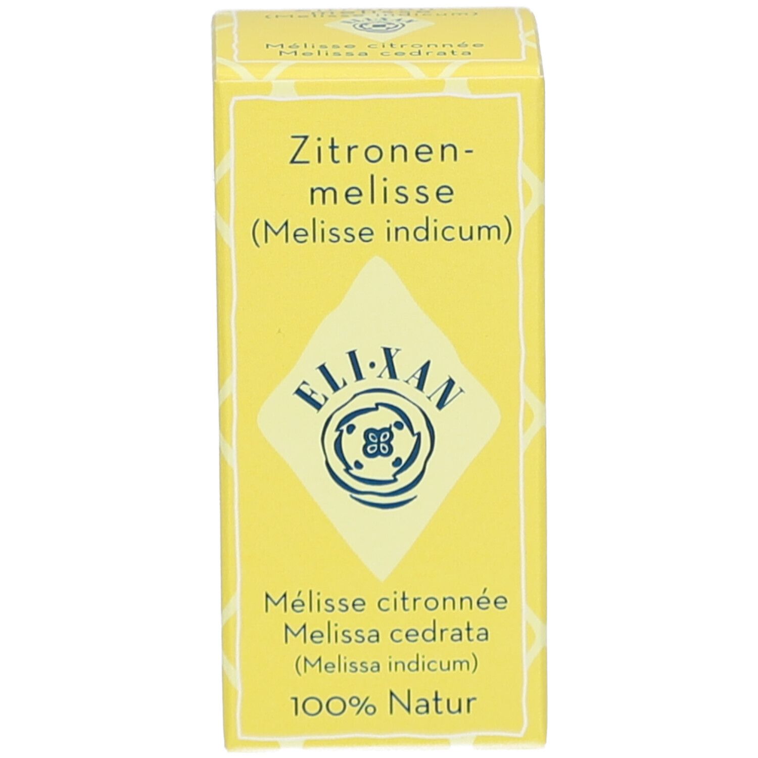Boîte jaune avec texte: Mélisse citronnée, ELIXAN, Melissa cedrata, 100% Natur.