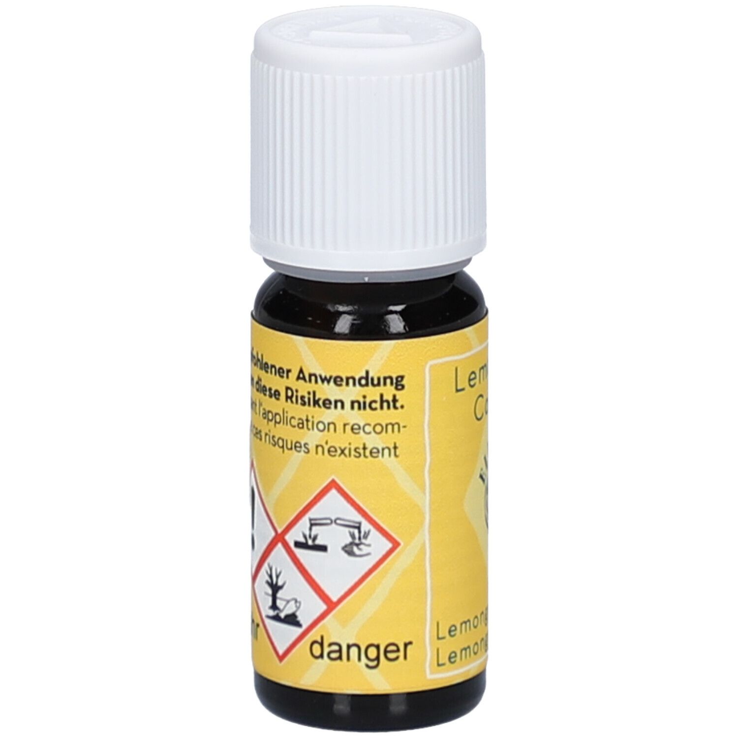 Flacon en verre brun avec bouchon blanc. Étiquette jaune avec symboles de danger et texte: danger, Lemongrass Cochin.