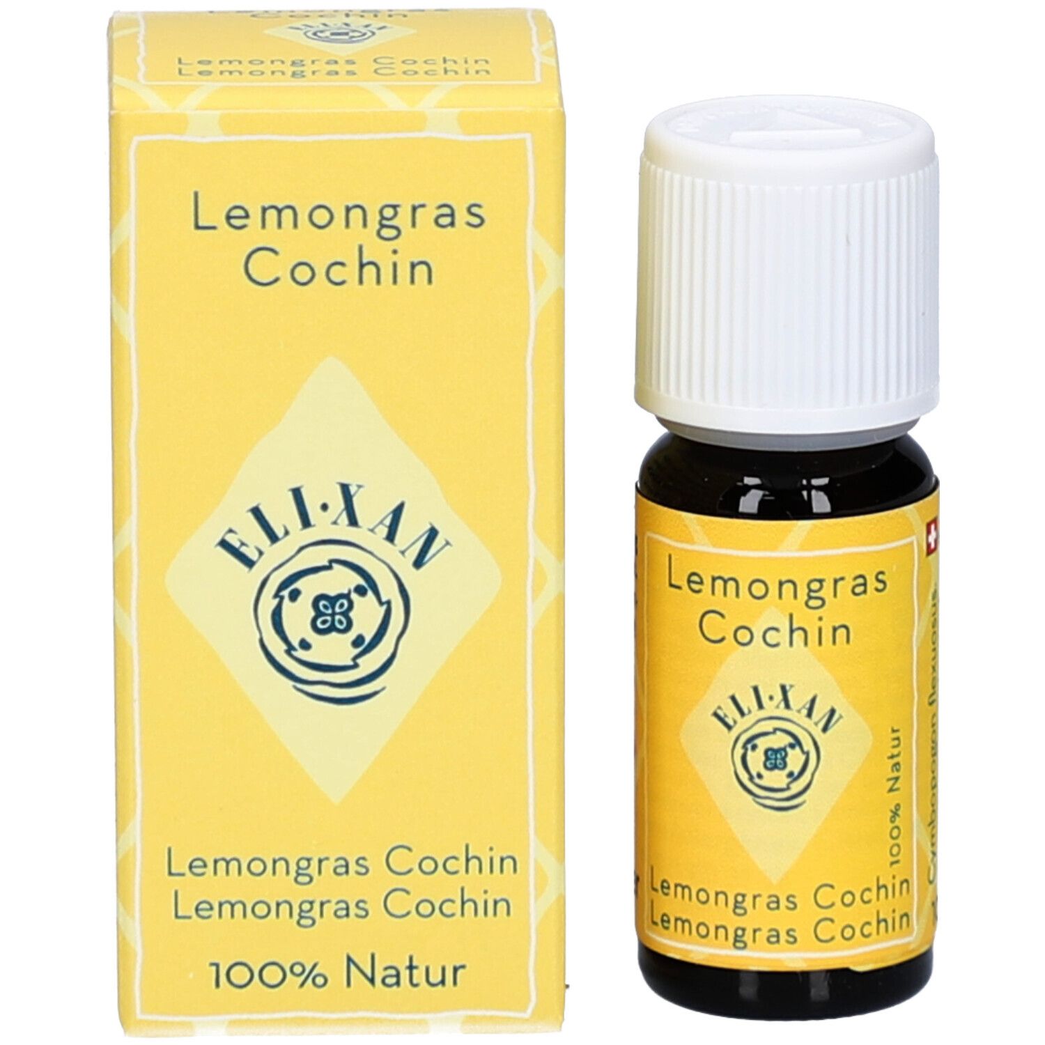 Flacon en verre brun et boîte. Flacon avec bouchon blanc, étiquette jaune. Boîte jaune avec texte: Lemongrass Cochin, ELIXAN.