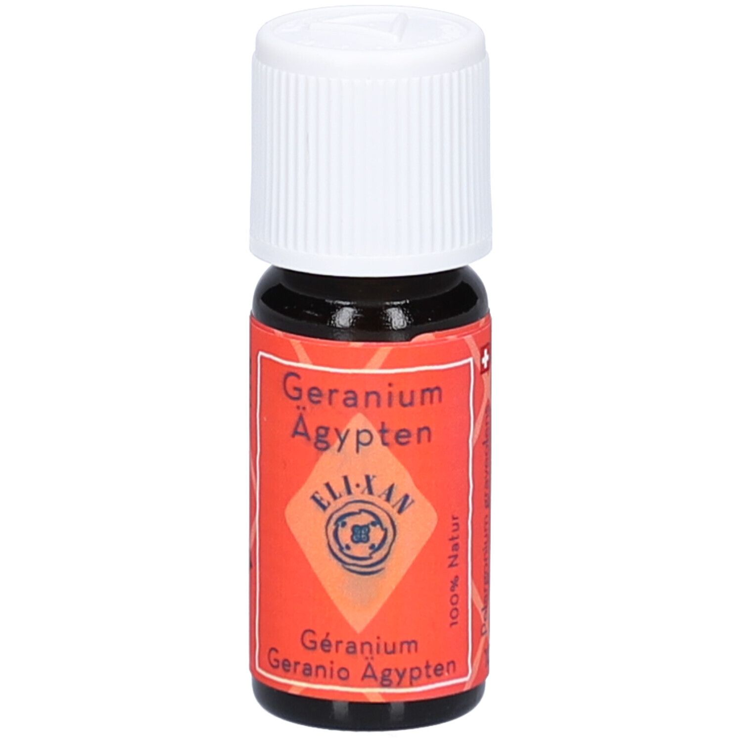 Flacon en verre brun avec bouchon blanc. Étiquette rouge avec texte: Geranium Ägypten, ELIXAN, 100% Natur.