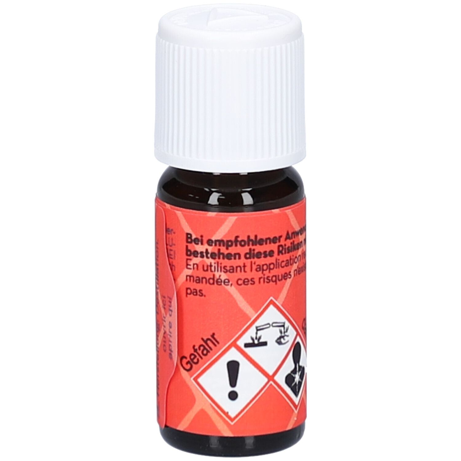 Flacon en verre brun avec bouchon blanc. Étiquette rouge avec symboles de danger et texte: Gefahr.