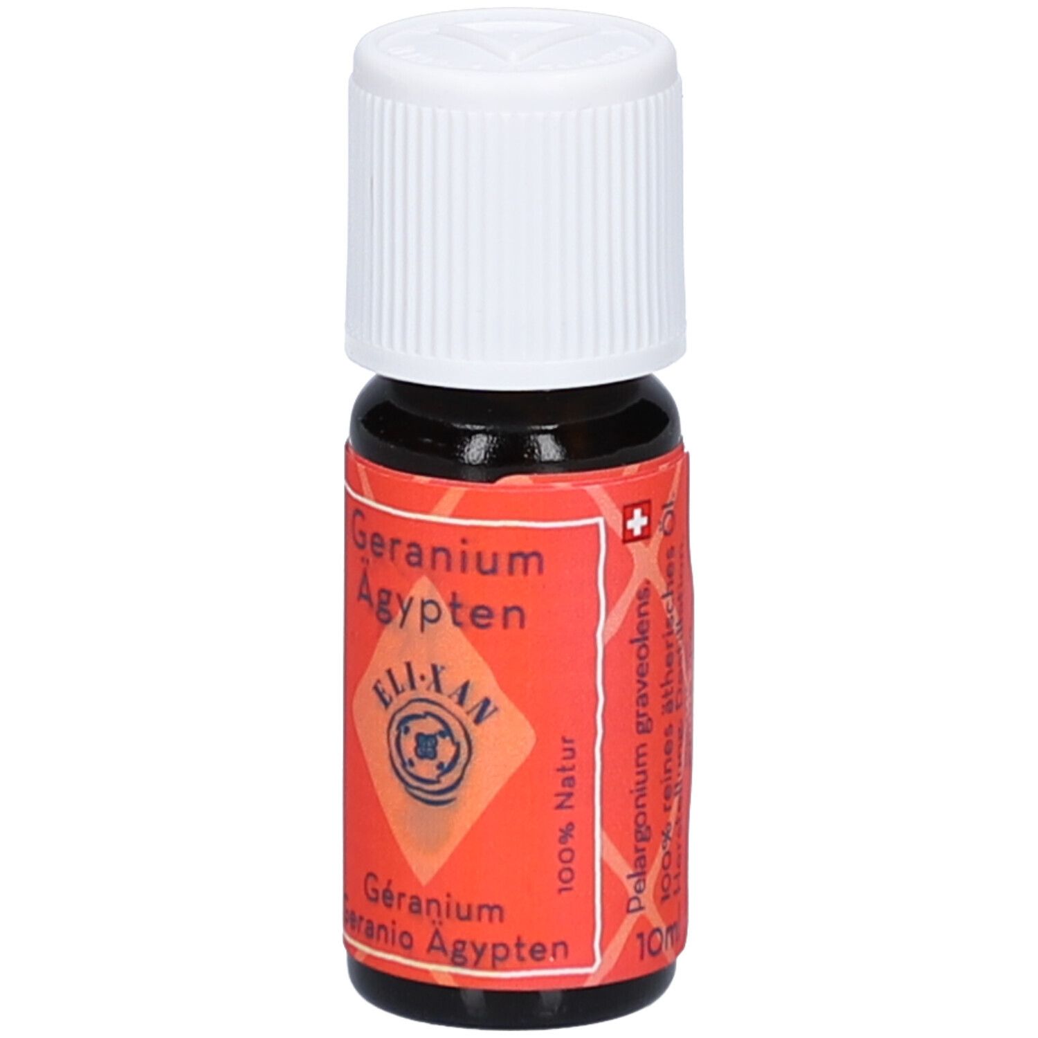 Flacon en verre brun avec bouchon blanc. Étiquette rouge avec texte: Geranium Ägypten, ELIXAN, 100% Natur, 10ml.