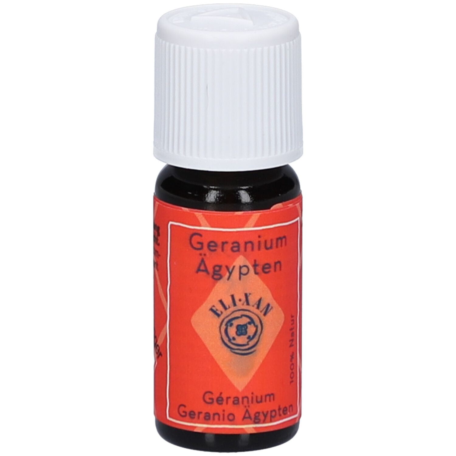 Flacon en verre brun avec bouchon blanc. Étiquette rouge avec texte: Geranium Ägypten, ELIXAN, 100% Natur, 10ml.