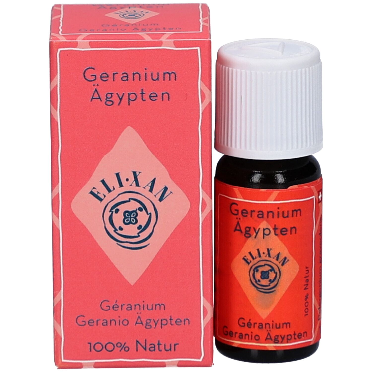 Flacon en verre brun avec bouchon blanc et emballage rectangulaire. Étiquette rouge avec texte: Geranium Ägypten, ELIXAN, 100% Natur.