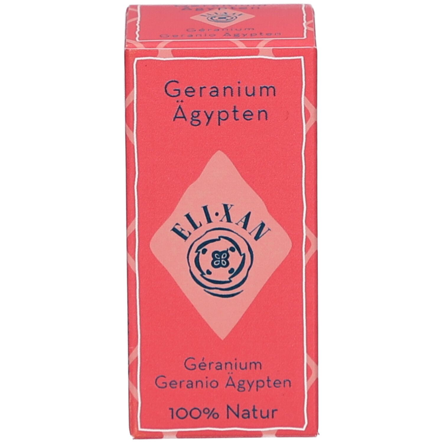 Emballage rectangulaire. Design rouge avec texte: Geranium Ägypten, ELIXAN, 100% Natur.