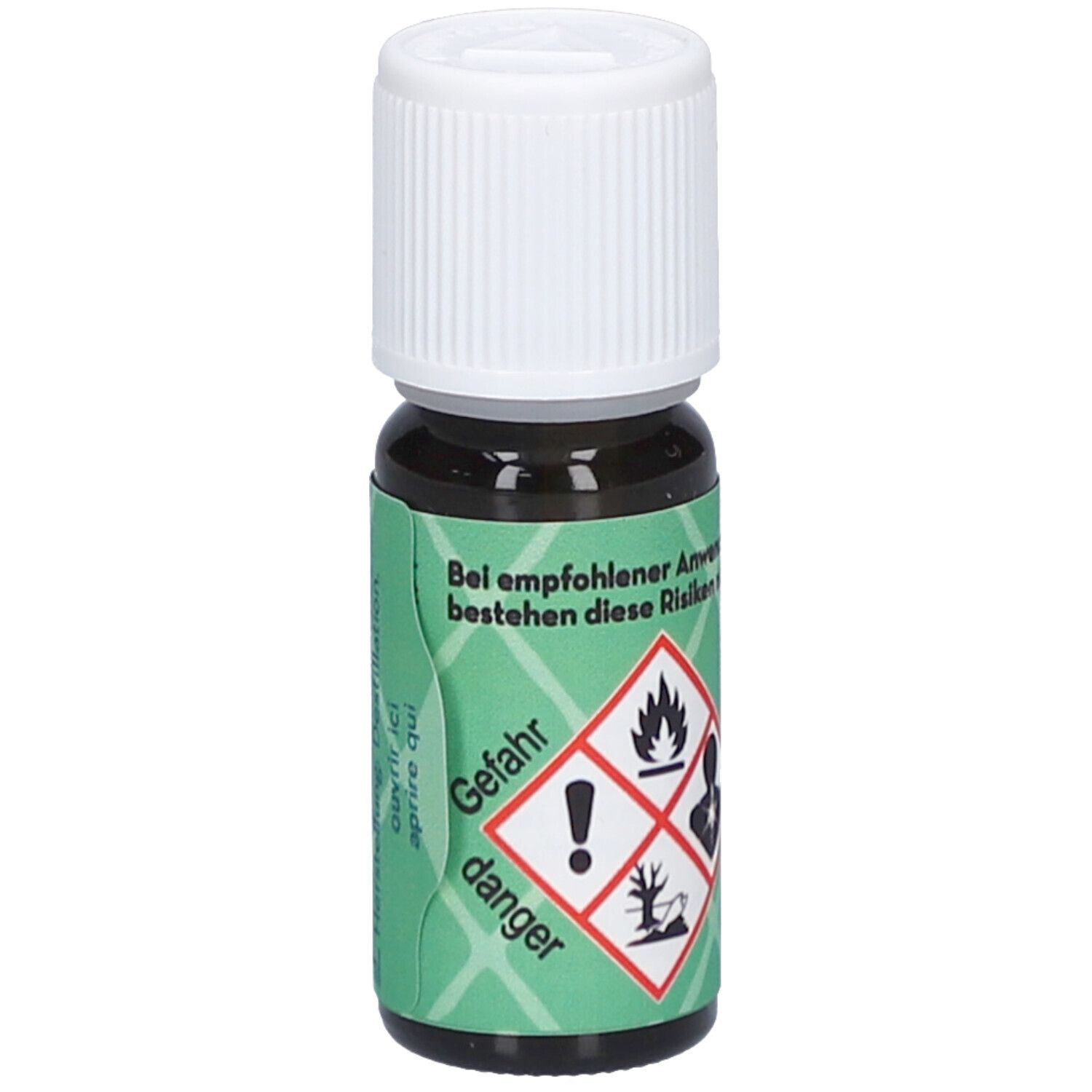 Flacon en verre brun avec bouchon à vis blanc. Bandeau vert avec symboles de danger : flamme, point d'exclamation, arbre frappé par la foudre, personne avec bouclier.