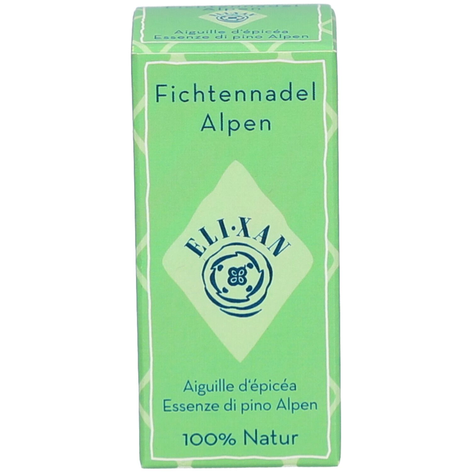 Emballage vert avec 'Fichtennadel Alpen' et logo 'ELI-XAN'. Contient '100% Natur'.