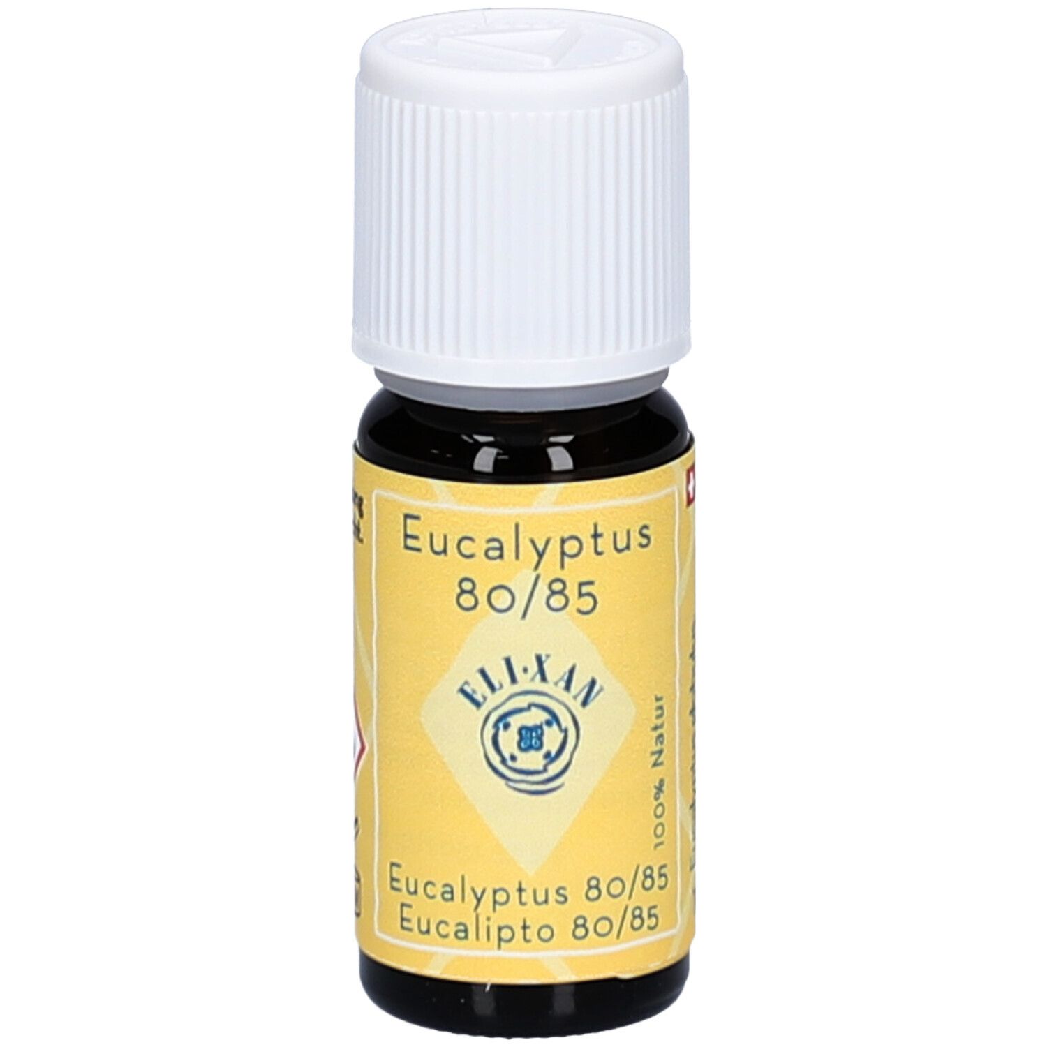 Flacon en verre brun avec bouchon blanc. Étiquette jaune avec texte: Eucalyptus 80/85, ELIXAN, 100% Natur.