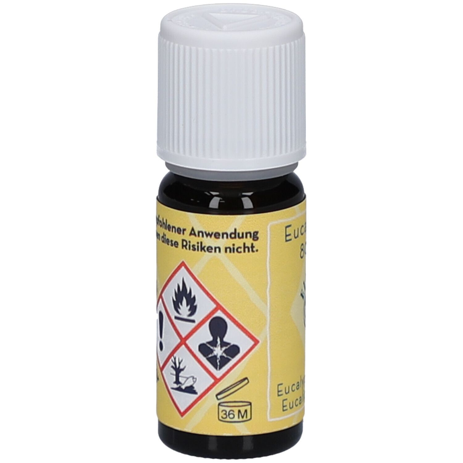 Flacon en verre brun avec bouchon blanc. Étiquette jaune avec symboles de danger et texte.