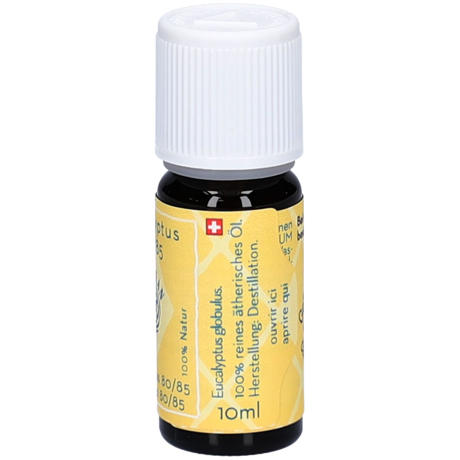 Flacon en verre brun avec bouchon blanc. Étiquette jaune avec texte: Eucalyptus globulus, 100% huile essentielle pure, 10ml.