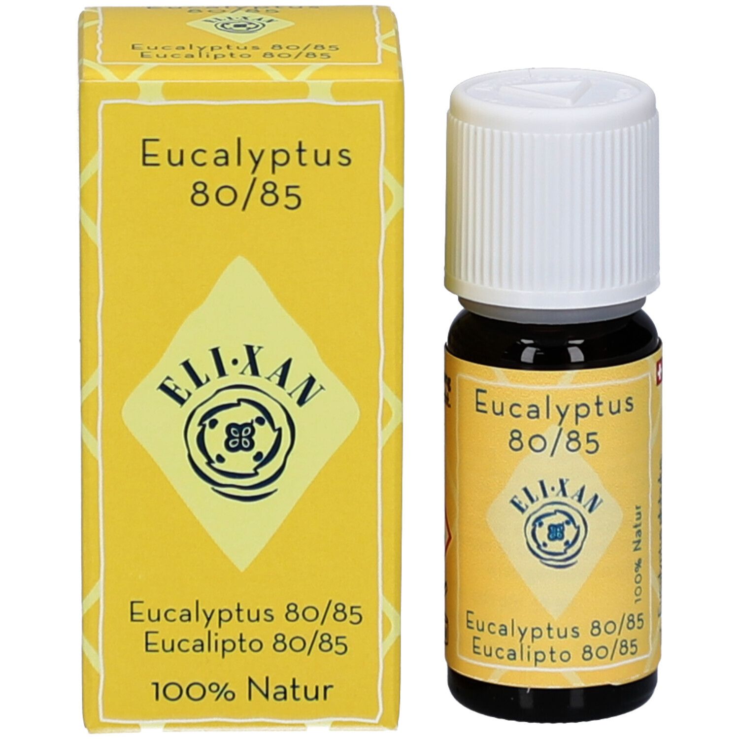 Flacon en verre brun et boîte. Sur la boîte et le flacon: Eucalyptus 80/85, ELIXAN, 100% Natur.