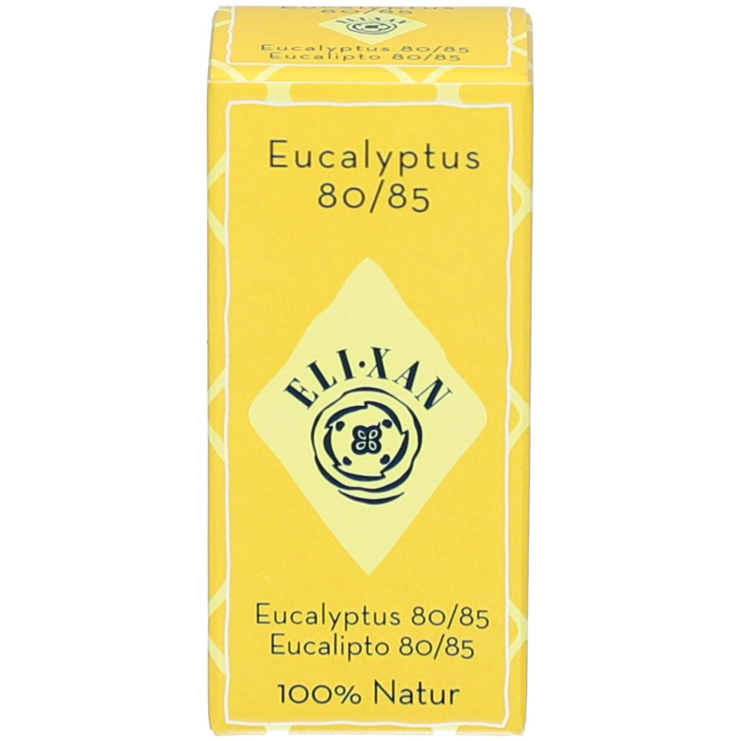 Boîte jaune avec texte: Eucalyptus 80/85, ELIXAN, 100% Natur.