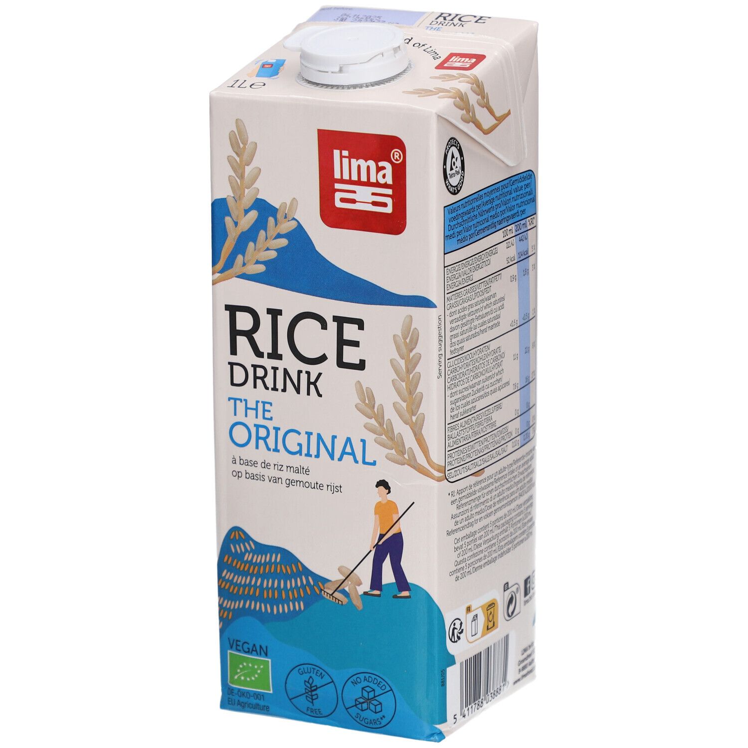 Brique de boisson au riz. Inscription: Rice Drink The Original. Logo: Lima. Label vegan. 1 litre.