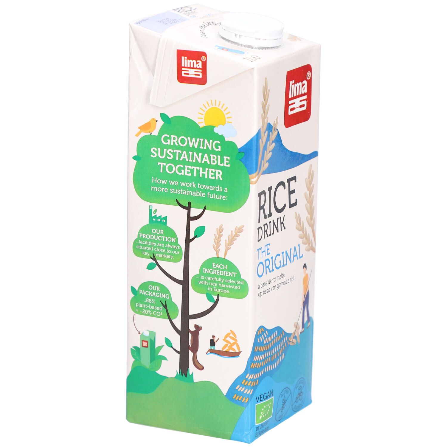 Brique de boisson au riz. Inscription: Rice Drink The Original. Logo: Lima. Graphique de durabilité.