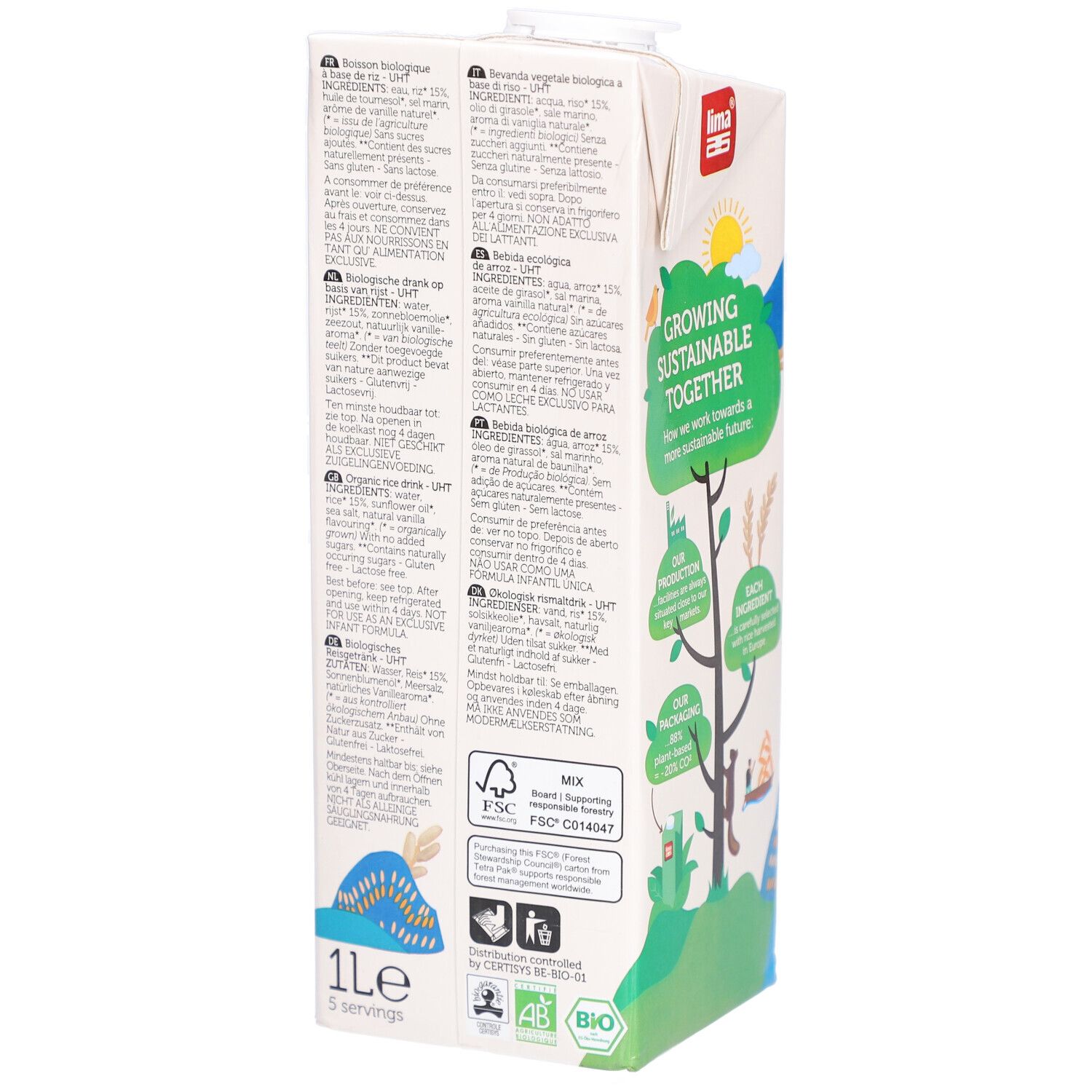 Dos de la brique de boisson au riz. Liste des ingrédients, informations nutritionnelles, logos et labels.