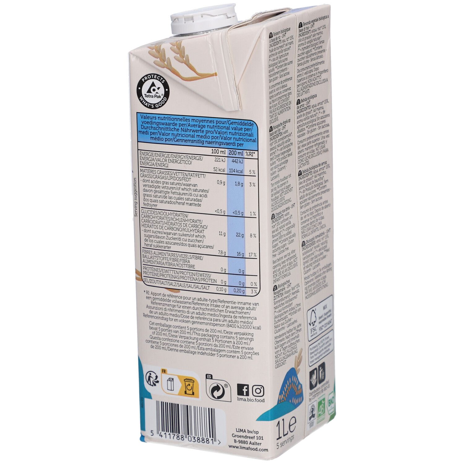 Brique de boisson au riz. Tableau nutritionnel. Logo: Lima. 1 litre. Label FSC.