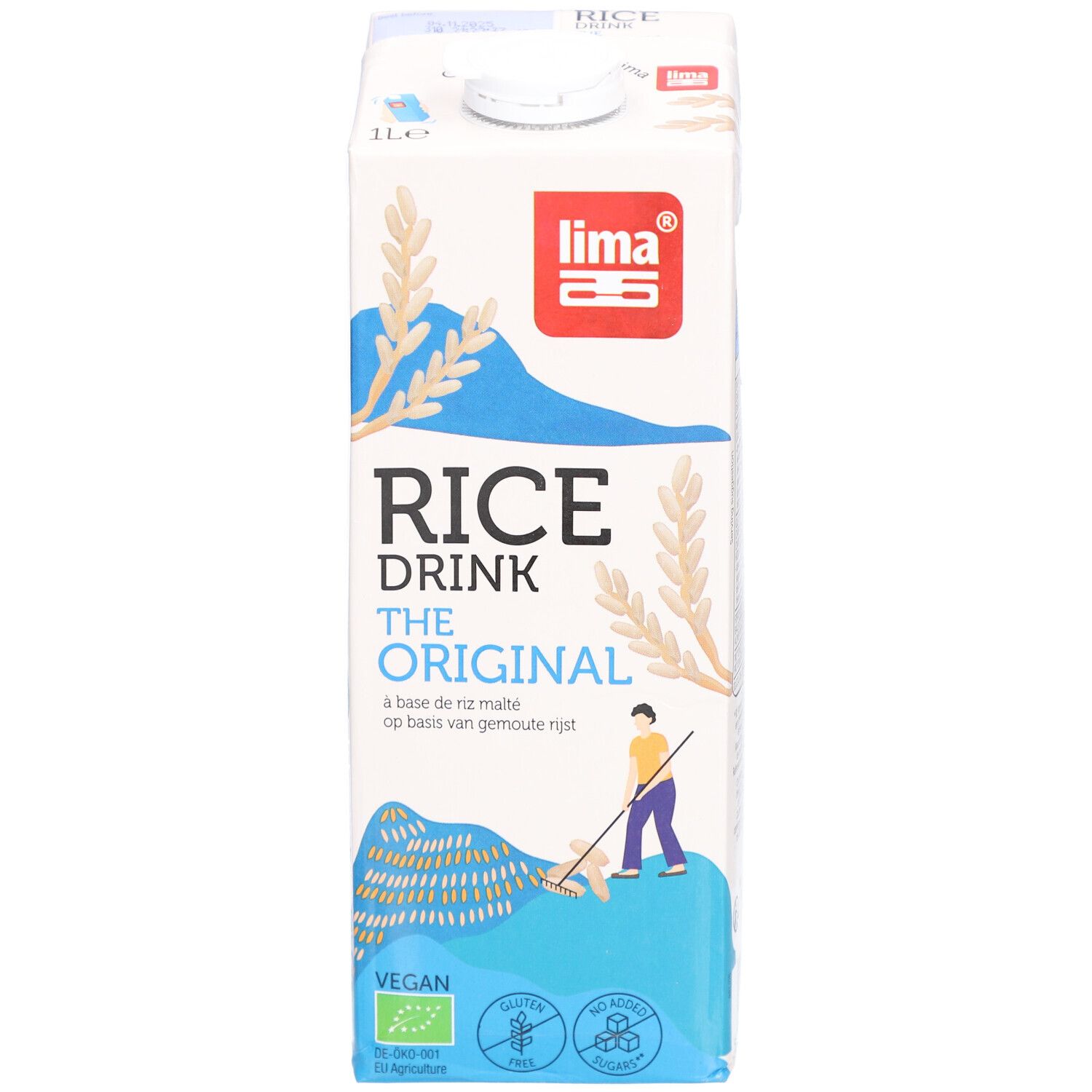 Brique de boisson au riz. Inscription: Rice Drink The Original. Logo: Lima. Label vegan. 1 litre.