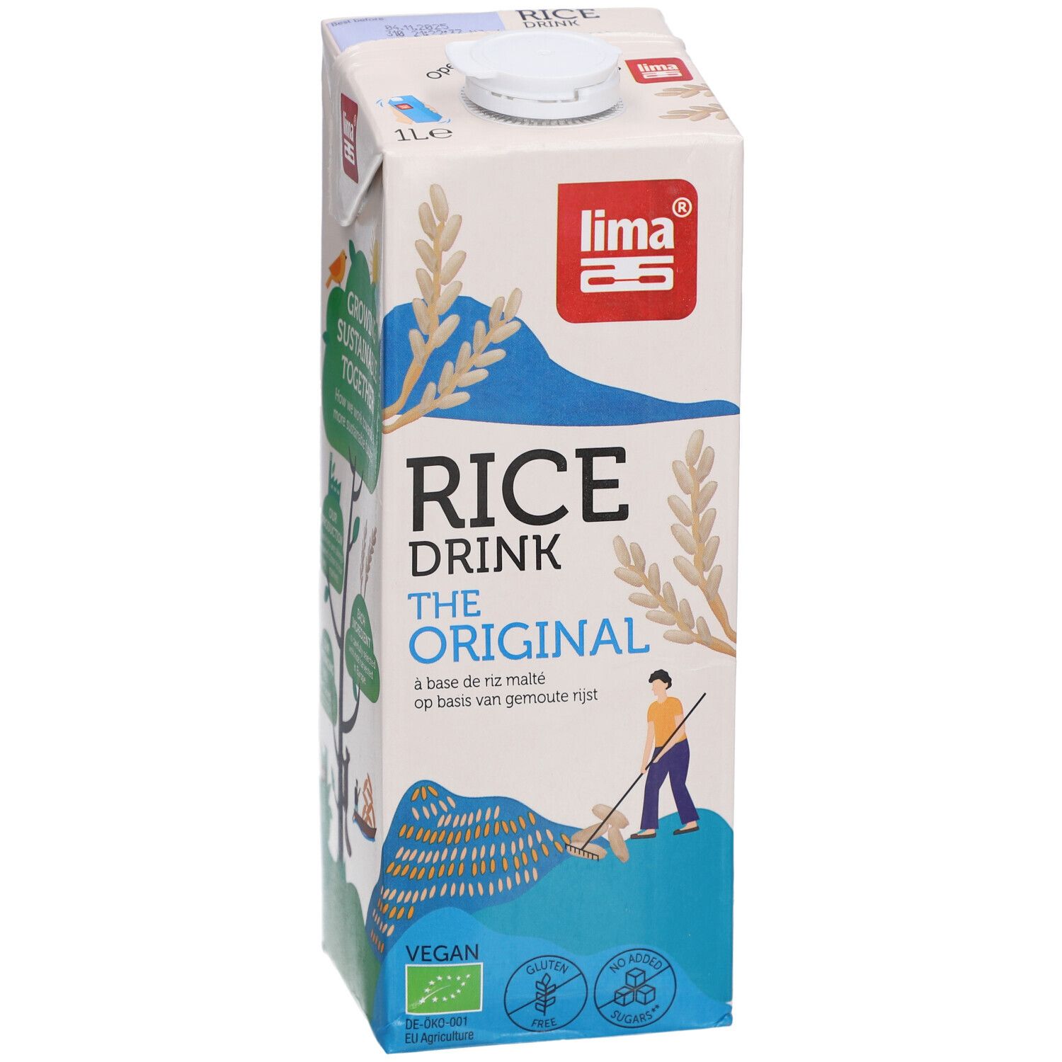 Brique de boisson au riz. Inscription: Rice Drink The Original. Logo: Lima. Label vegan. 1 litre.