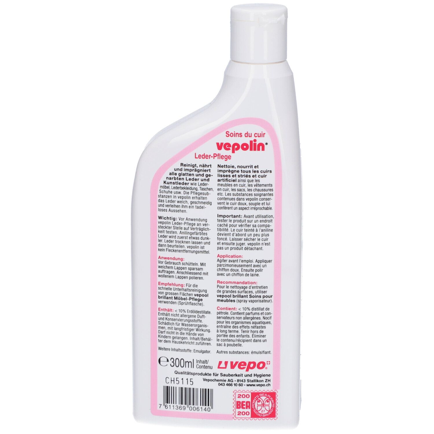 Dos du flacon blanc. Texte: Leder-Pflege, Vepolin, Soins du cuir. Instructions d'utilisation. Swiss Made. 300ml. Logo Livepo.