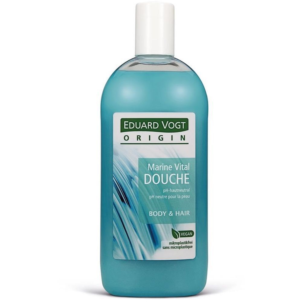 Flacon bleu transparent avec bouchon blanc. Étiquette avec nom du produit et logo.
