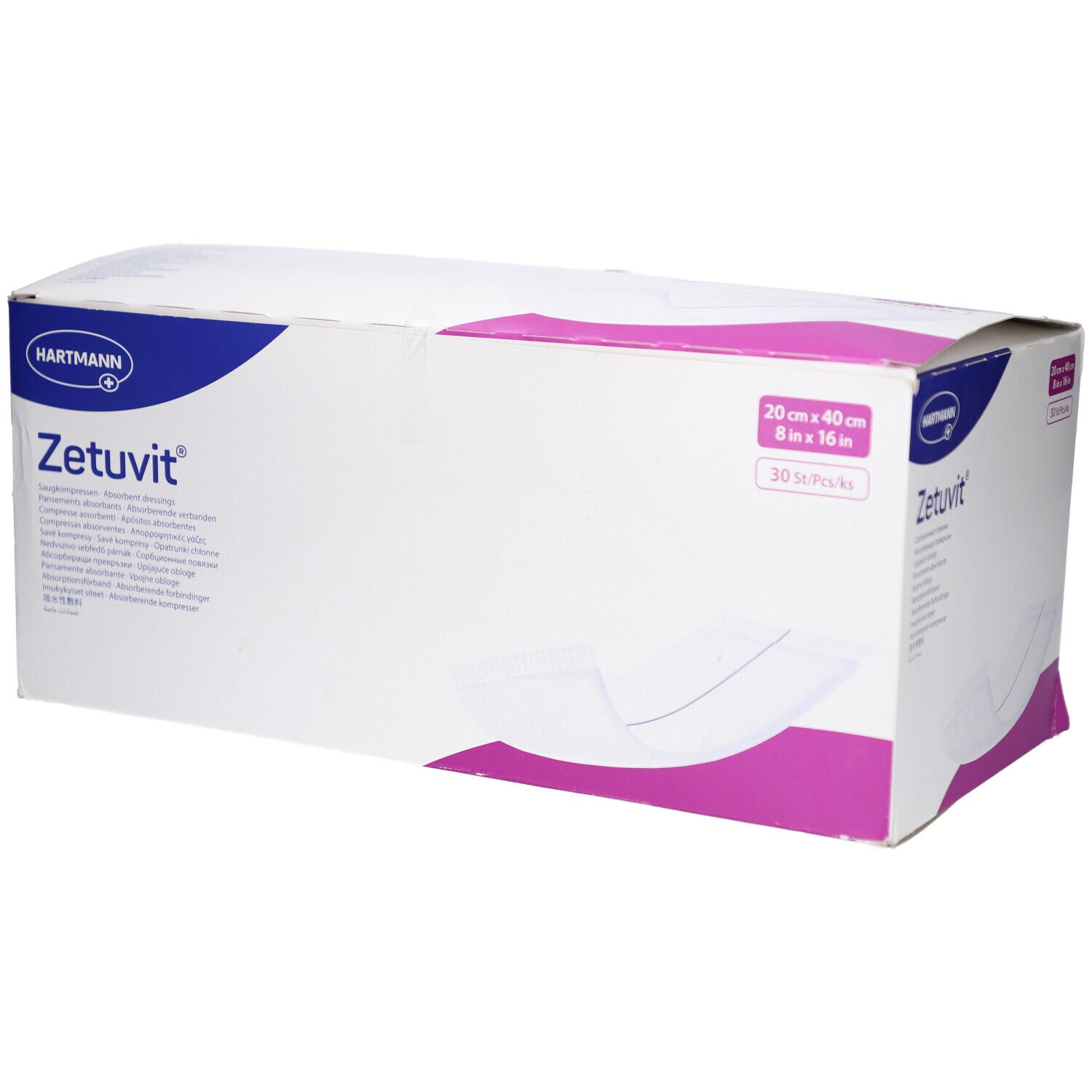 Emballage blanc "Zetuvit", illustration du produit, dimensions 20x40 cm. Logo Hartmann.