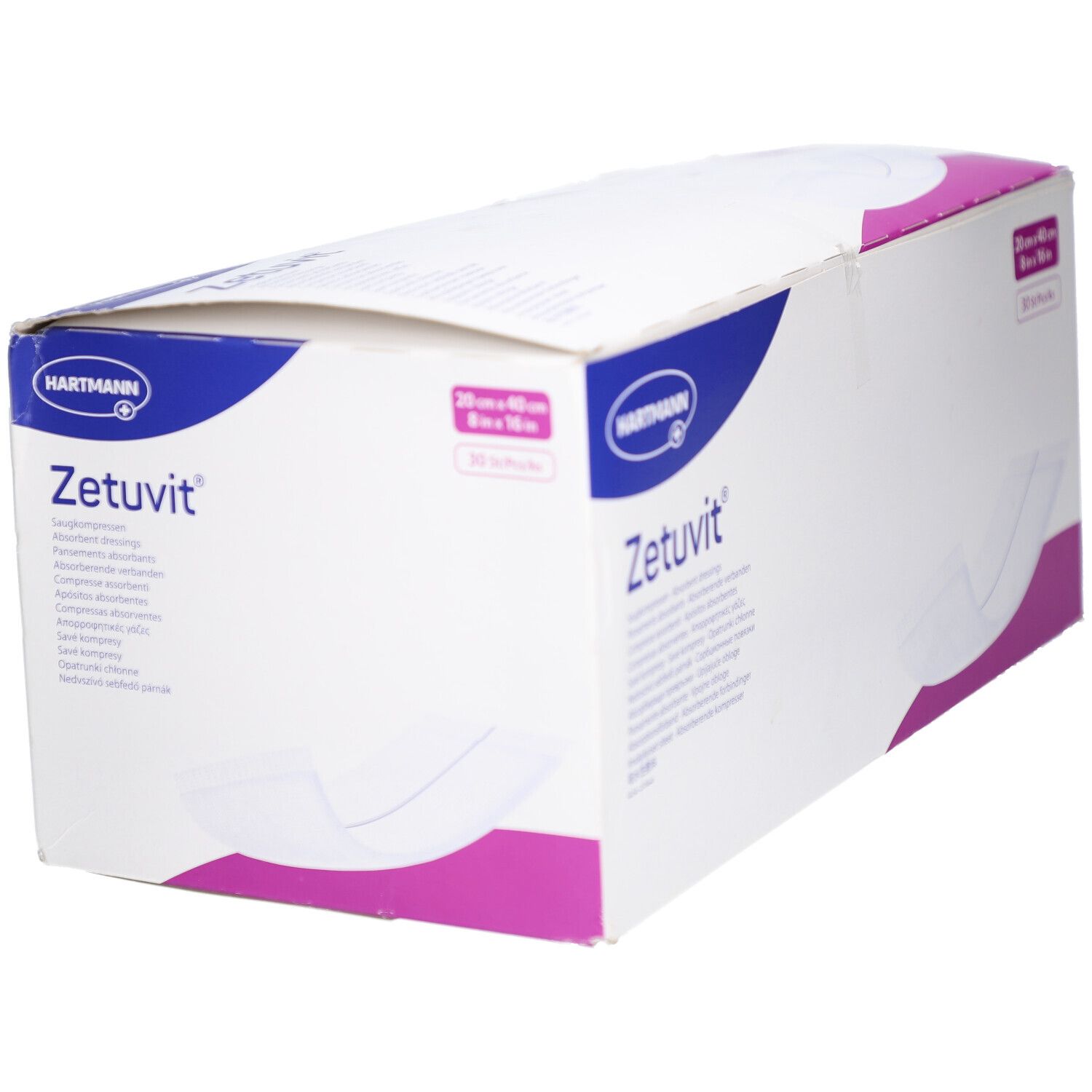 Emballage blanc "Zetuvit" avec logo, illustration du produit et dimensions 20x40 cm. Logo Hartmann.