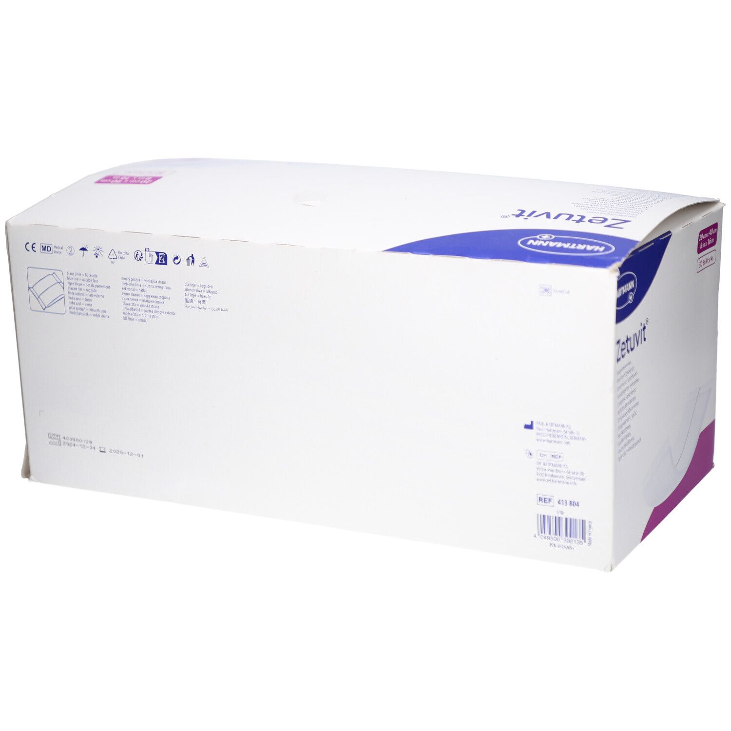 Dos de l'emballage blanc "Zetuvit" avec informations produit, logos et code-barres.
