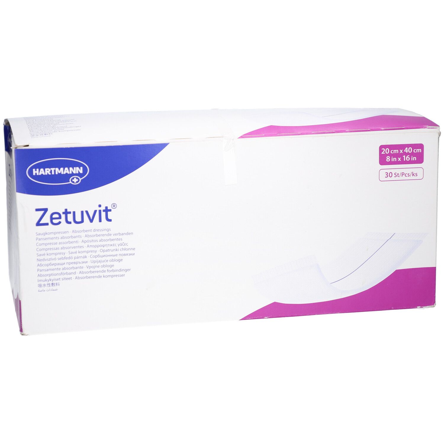 Emballage blanc "Zetuvit" avec logo, illustration du produit et dimensions 20x40 cm. Logo Hartmann.