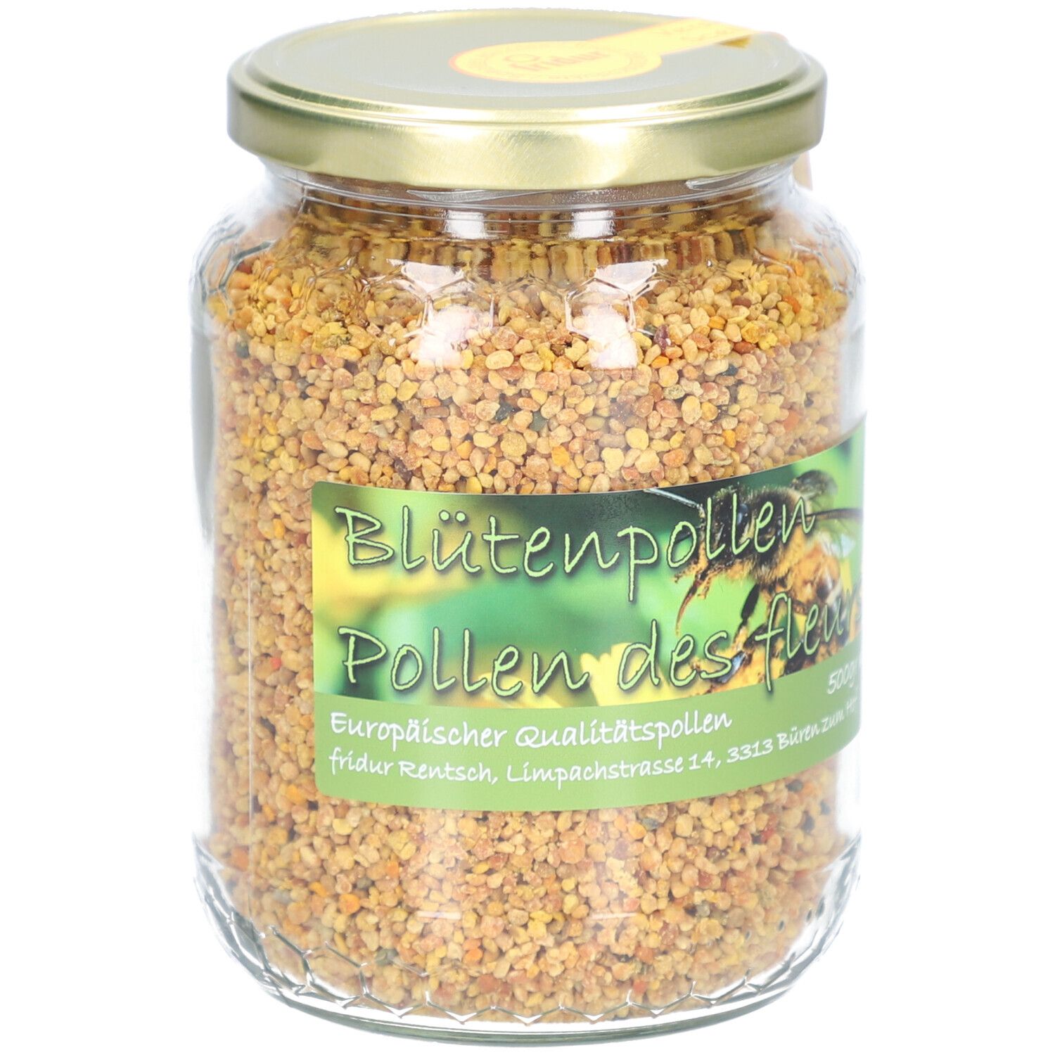 Pot de pollen de fleurs en verre. Étiquette avec nom et logo du produit. Couvercle jaune. Contenu visible.